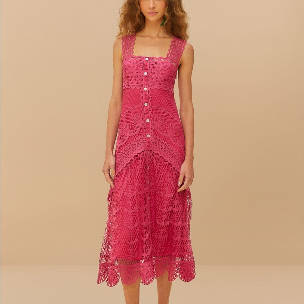 FARM Rio Vibrant Pink Lace Midi Dress